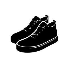 Stylish Sneakers: A pair of sleek, black sneakers with simple laces, illustrated in a bold, minimalist silhouette. Perfect for fashion blogs, websites, and social media. 