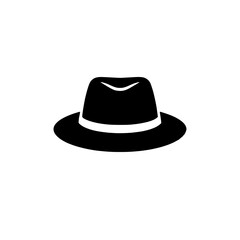 Fedora Hat Icon: A sleek, minimalist icon depicting a classic fedora hat in solid black.  This vector illustration is ideal for web design, mobile apps, and branding projects.