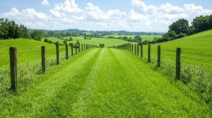 Rolling green hills, fence path, summer day, pastoral scene, nature background