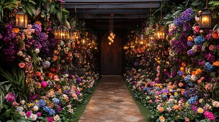Obraz premium Romantic floral pathway with lanterns leading to a dark wooden door.