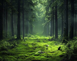 Obraz premium Magical forest with mosscovered trees, soft green light reflecting through the mist, creating a serene and otherworldly atmosphere, high definition