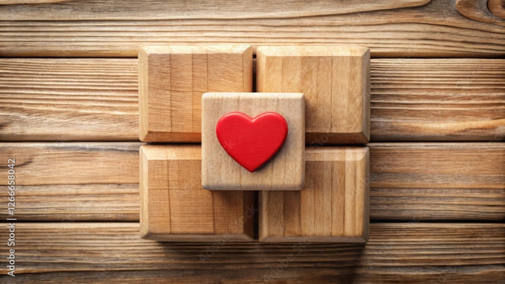 Poster a red heart rests on a central wooden block, surrounded by other wooden blocks arranged on a rustic 