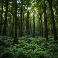 Fototapeta premium A lush green forest with tall trees forming a natural canopy.