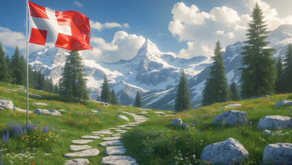 Majestic Swiss Alps: A Scenic Landscape with a Fluttering Swiss Flag