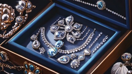 Obraz premium Exquisite Diamond And Aquamarine Jewelry In A Box