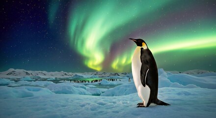 Fototapeta premium An Eastern Emperor Penguin Standing Tall on a Massive Frozen Glacier,