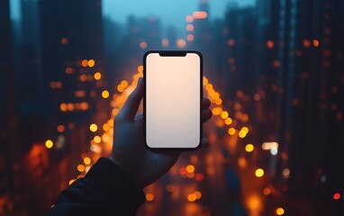 A realistic depiction of a hand holding a smartphone with a blank screen, set against a softly lit urban skyline at dusk, golden tones and deep contrasts, ultradetailed