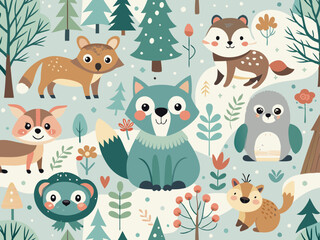 Fototapeta premium Cute Woodland Animals Pattern – Adorable Cartoon Forest Creatures Illustration.