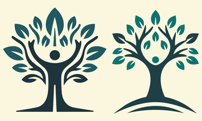 Person tree logo. A person with hands raised make branches and a tree in this logo