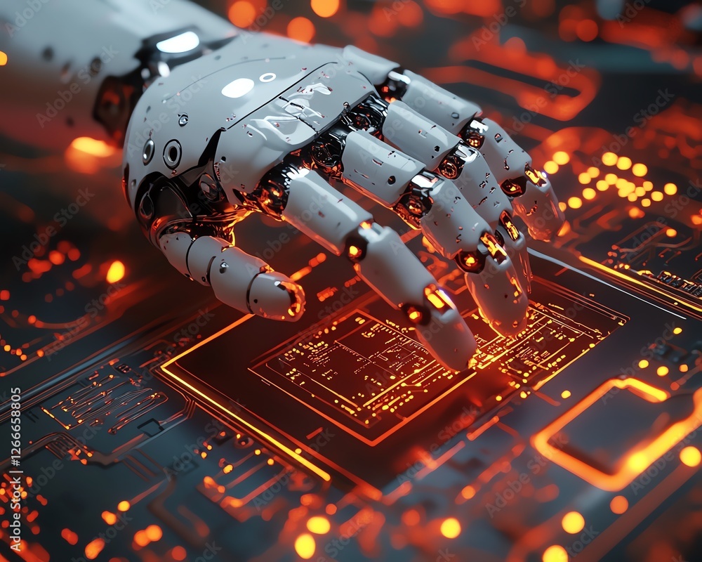 Poster futuristic 3d robot finger tapping on an ai chip with a digital document management system hologram,