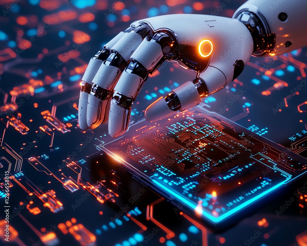 Poster futuristic 3d robot finger tapping on an ai chip with a digital document management system hologram,