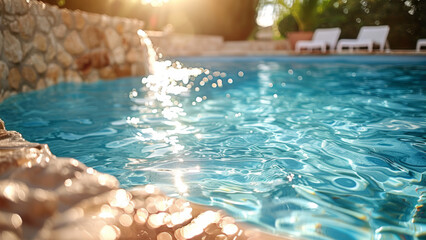 Sunlit stone pool with sparkling water reflections
