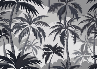 Monochrome Tropical Palm Trees Pattern – Grayscale Vintage Jungle Illustration.