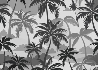 Monochrome Tropical Palm Trees Pattern – Grayscale Vintage Jungle Illustration.