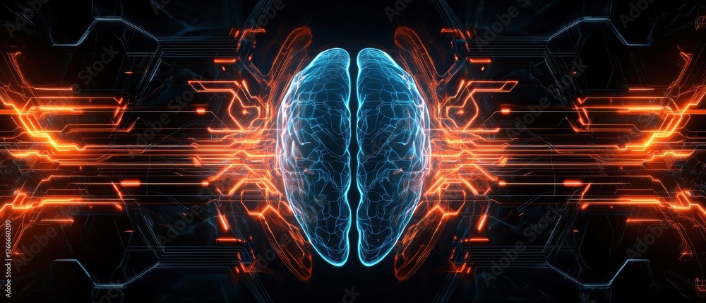 Aufkleber abstract data-driven technology interface with neon brain and circuit designs, network abilities, te