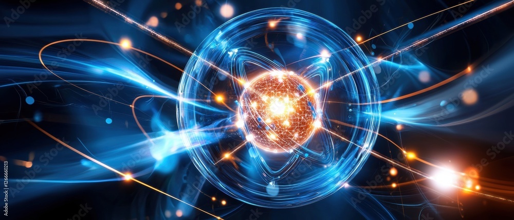 Poster abstract representation of modern artificial intelligence with bright glowing particles, network abi