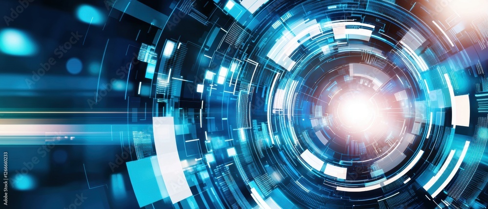 Poster minimalist digital background with soft blue circular patterns and light effects, network abilities,