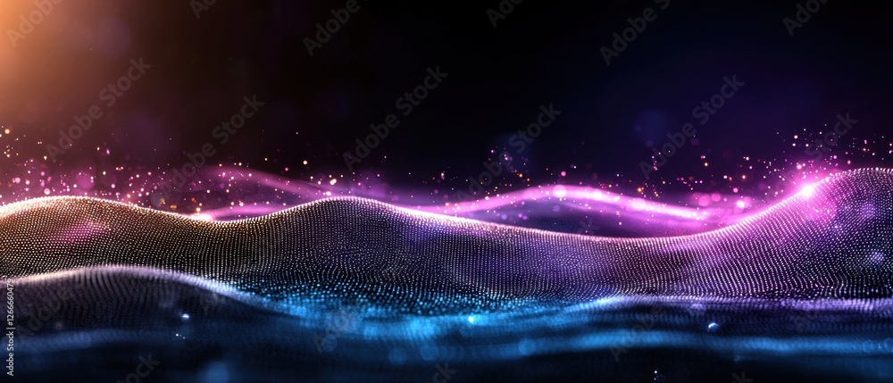 Poster abstract representation of sound waves in vibrant colors and textures with glowing particles, networ