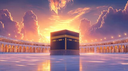 Majestic sunset over kaaba mecca digital artwork serene atmosphere wide angle view spiritual significance