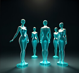 Abstract surrealistic illustration of glass statue several people standing in pose.Concept project.mindfulness and meditation.Futuristic. cyberpunk.innovation different types of poses.generative ai