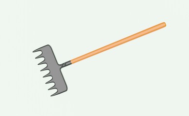 Rake on white background isolated. Metal rake with wooden hand in style flat. 3D illustration design.