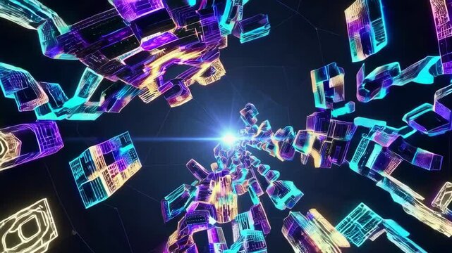 Futuristic city of glowing interlocking tesseracts folding and unfolding infinitely, creating a surreal multidimensional space.

