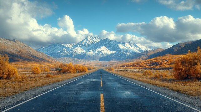 Scenic autumn road leading to majestic snow-capped mountains under a partly cloudy sky.