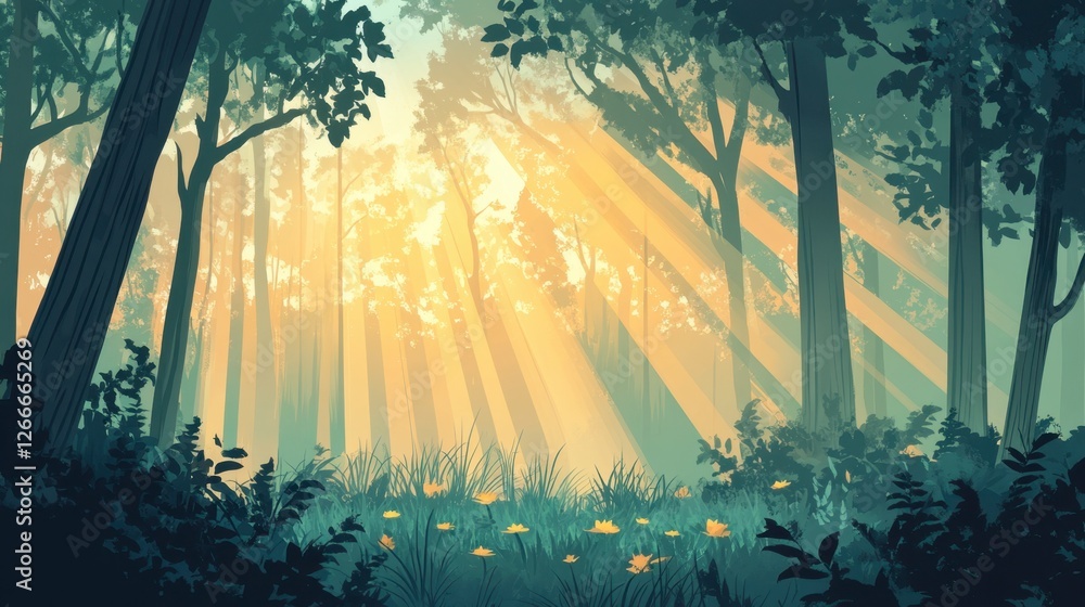 Poster sunlight filtering through trees in a serene forest landscape