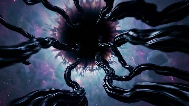Black hole surrounded by interdimensional cosmic tendrils stretching through space, symbolizing an extraterrestrial entity existing across multiple dimensions.


