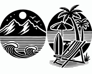 Obraz premium summer holiday background, tropical island with palm trees, tropical island with palms, vector illustration of a mountain landscape, palm trees on the beach