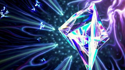 Crystal floating in deep space, refracting colorful energy waves and glowing with cosmic power

 - Powered by Adobe