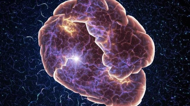 Brain floating in deep space, pulsating with cosmic energy and glowing nebula-like neural connections

