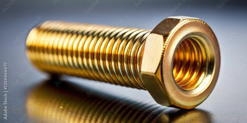 Leinwandbilder Close-up view of a gleaming golden threaded fastener, exhibiting intricate details of its helical structure and hexagonal head, resting on a reflective surface.