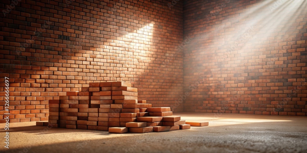 Poster sunlit brick construction a stack of bricks in a room with brick walls, illuminated by rays of light
