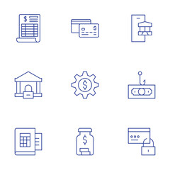 Banking icons set. Thin Line style, editable stroke. bank, book, credit card, gear, jar, online banking, phishing, secure payment