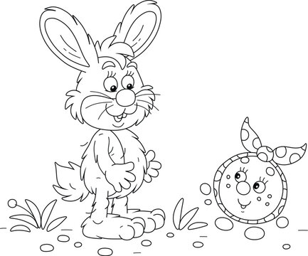 Funny hare and a freshly baked round loaf Kolobok talking on a path in a summer forest, black and white vector cartoon illustration for a coloring book