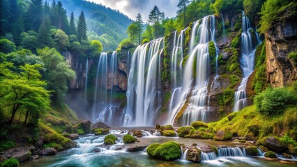 Naklejka premium Stunning waterfall cascading down a rocky cliffside surrounded by lush greenery and towering trees in a serene natural setting, scenic views, Sichuan