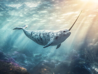 Fototapeta premium Narwhal Floating in a Dreamlike Seascape
