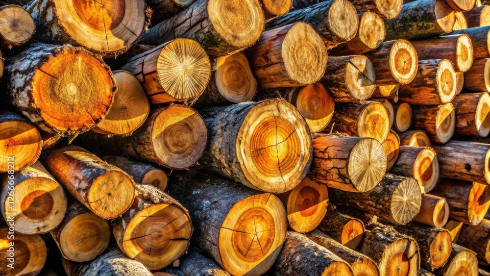 Poster golden hour lumber stack a textured display of precisely cut logs basking in warm sunlight