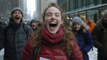 City street, laughing people, snowy day, celebration, joyful moment, stock photo
