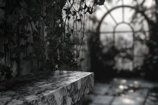 Dark, moody scene with stone surface, ivy, and blurred background of an arched doorway.