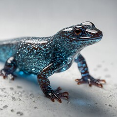 A glowing crystal salamander with fine patterns, pure white background.
