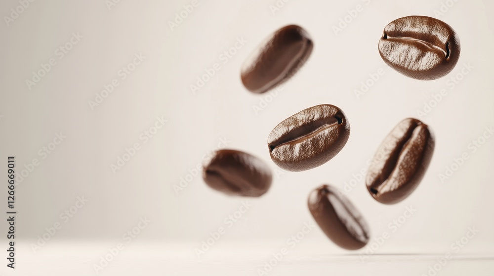 Poster floating coffee beans on a light background in minimalistic style