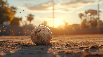 Baseball bouncing on dusty field at sunset, sports action shot