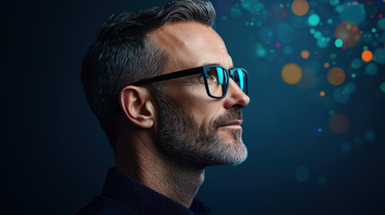 Obraz premium Professional wearing glasses in dark with bokeh. Technology leadership concept
