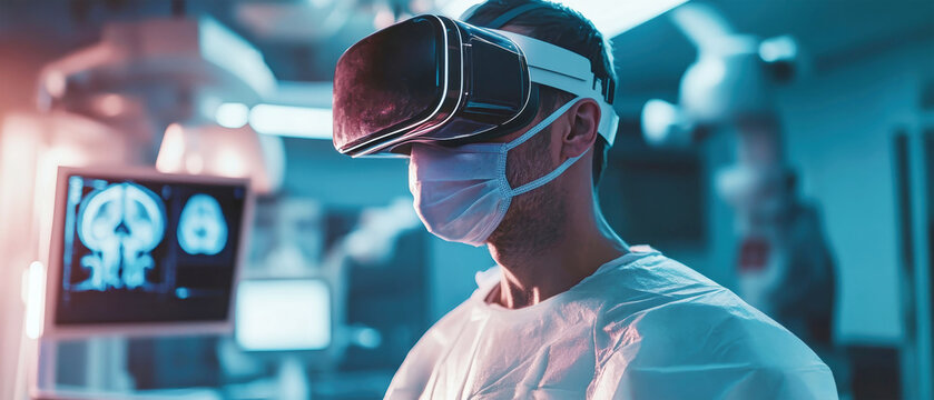 Surgeon in virtual reality headset prepares for advanced surgery with 3D holographic organ model in futuristic operating room