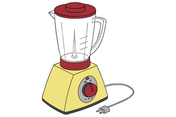  Photograph of a blender with a transparent plastic pitcher and a bright yellow base. The pitcher has a red lid and the base features a large red button for turning it on. The blender has a modern d
