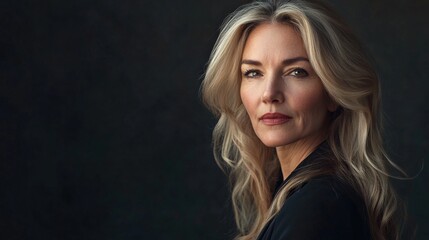Elegant Portrait of a Confident Woman with Long Blonde Hair Against a Dark Background