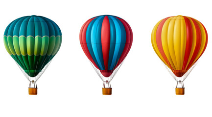 Hot air balloon set, in green, blue, red, and yellow colors, isolated on a transparent background.
