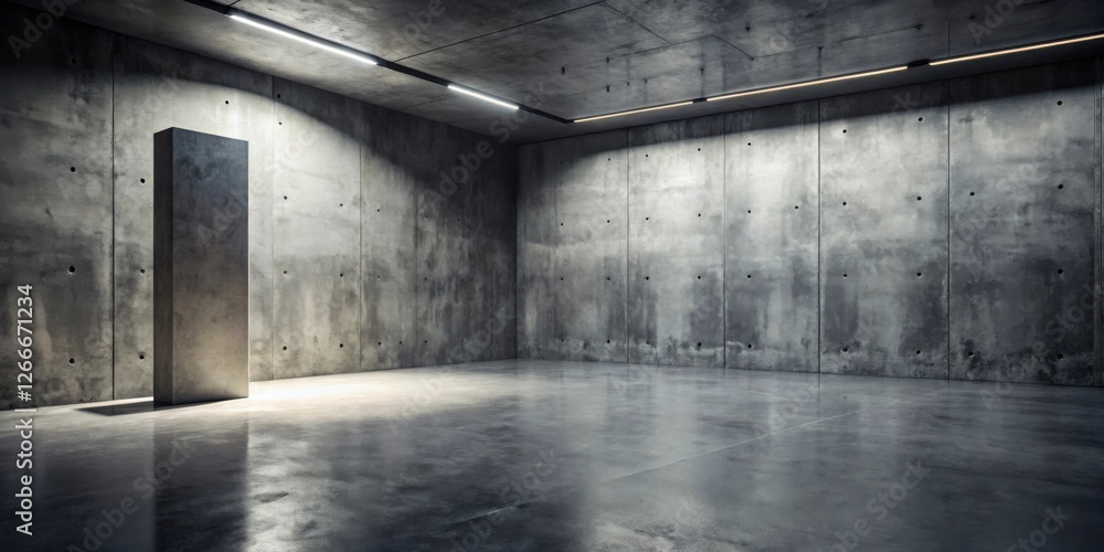 Poster a minimalist concrete room features a single, tall pillar illuminated by overhead lighting, creating